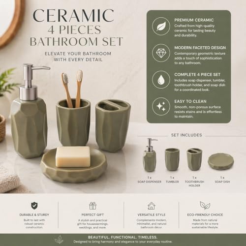 Whizzo Luxury 4-Piece Ceramic Bathroom Accessories Set | Soap Dispenser, Soap Dish, Tumbler & Toothbrush Holder | Premium Bathroom Set for Modern Home Décor (BS-902, Beige) - Image 2