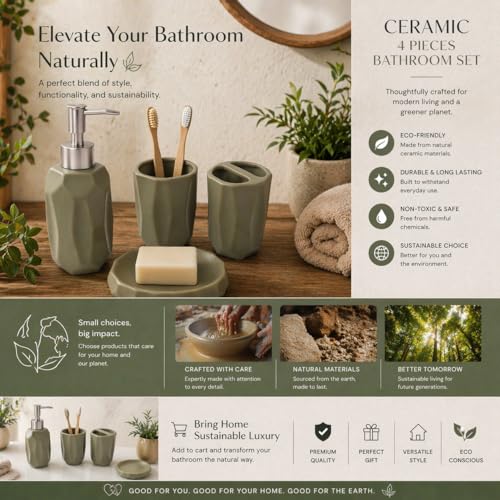 Whizzo Luxury 4-Piece Ceramic Bathroom Accessories Set | Soap Dispenser, Soap Dish, Tumbler & Toothbrush Holder | Premium Bathroom Set for Modern Home Décor (BS-902, Beige) - Image 5