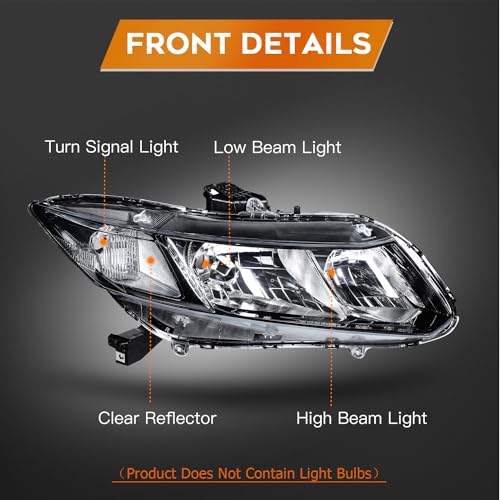 LBRST Headlight Assembly for Honda Civic 2012-2015 Clear Lens Black Housing Clear Reflector Driver and Passenger Side Headlamp - Image 3