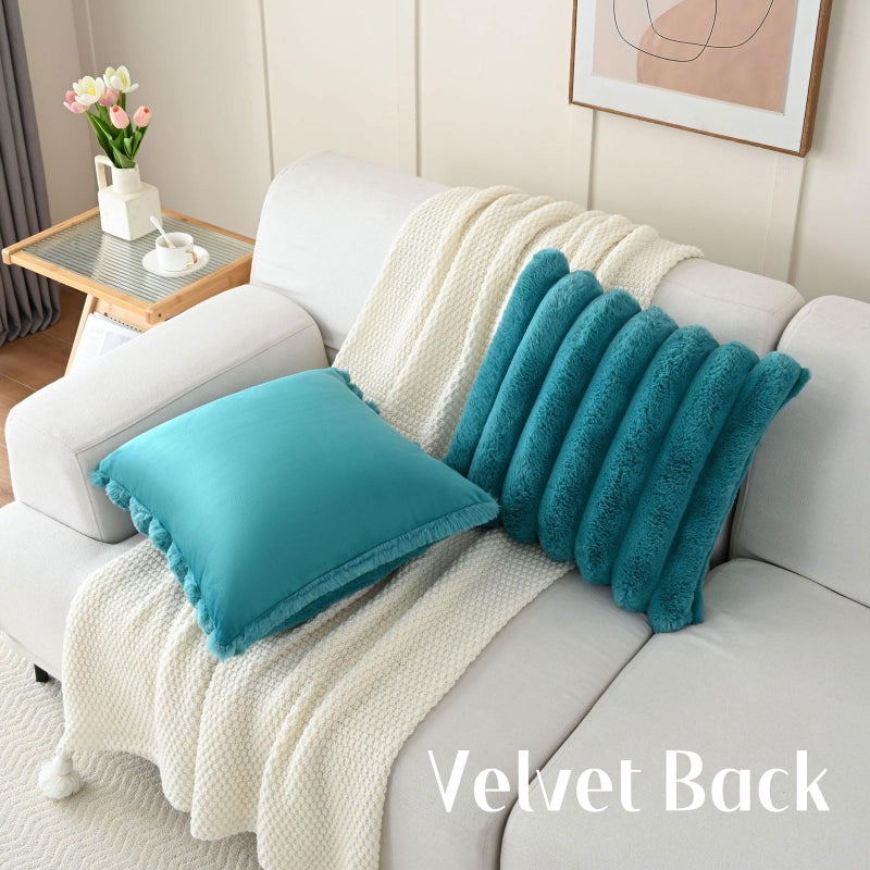 Futei Teal Devinative Throw Convels Covers 20 × 20 بوصة مجموعة من 2 مربع مربع فو ، فرو أرنب كبير مخططي غطاء المنزل ديكور المنزل للأريكة أريكة غرفة المعيشة - Image 4