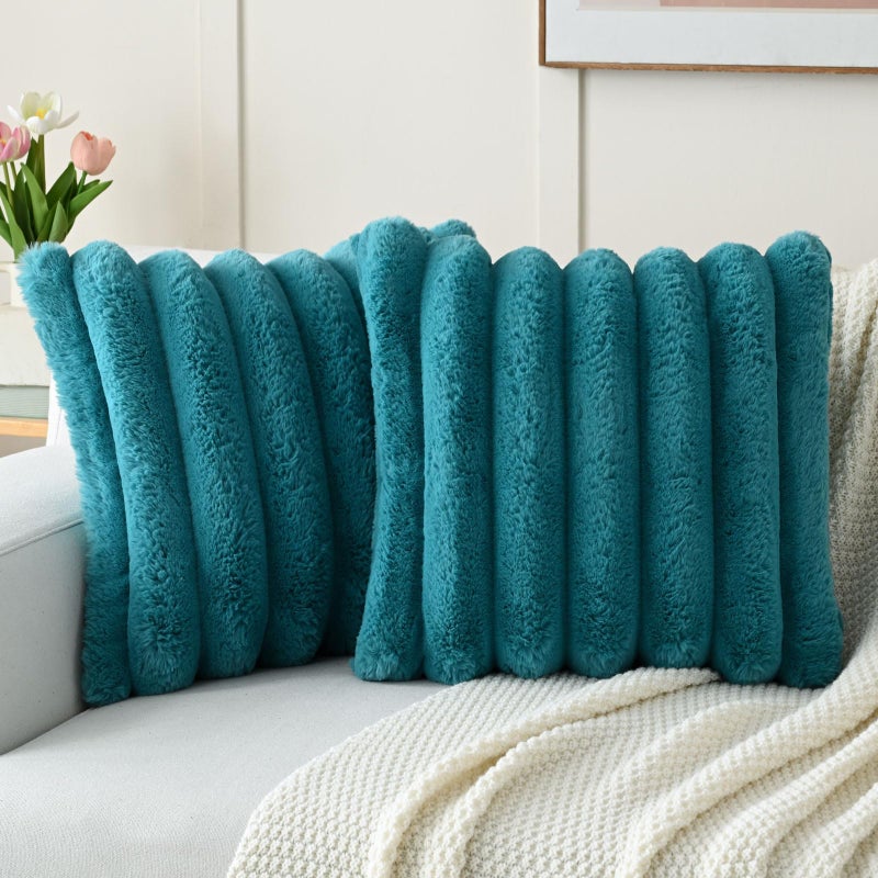 Futei Teal Devinative Throw Convels Covers 20 × 20 بوصة مجموعة من 2 مربع مربع فو ، فرو أرنب كبير مخططي غطاء المنزل ديكور المنزل للأريكة أريكة غرفة المعيشة - Image 1