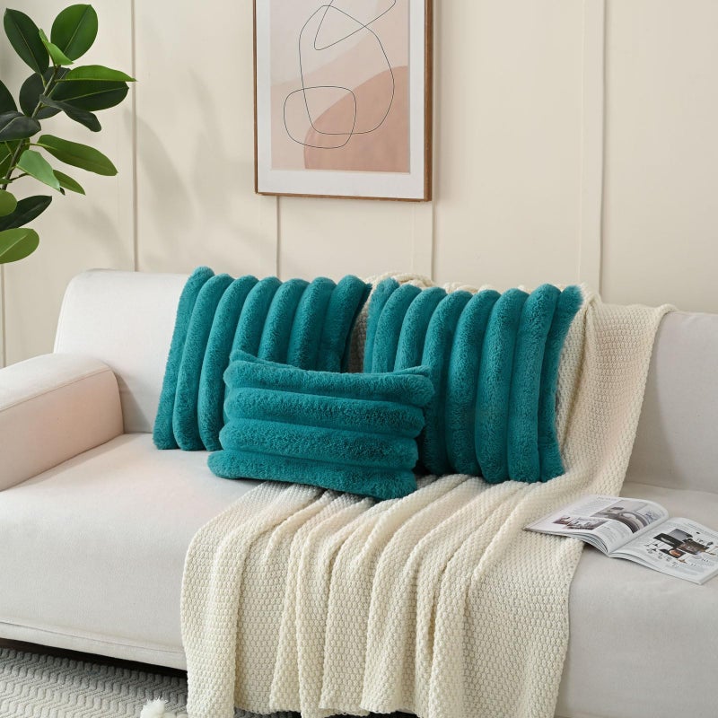Futei Teal Devinative Throw Convels Covers 20 × 20 بوصة مجموعة من 2 مربع مربع فو ، فرو أرنب كبير مخططي غطاء المنزل ديكور المنزل للأريكة أريكة غرفة المعيشة - Image 5