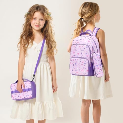 mygreen 3PCS Kids Backpack Set Waterproof Bookbag with Lunch Box for Girls Ages 312 Adorable Cartoon Prints for School Outdoor Use Purple - Image 3