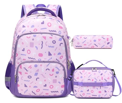 mygreen 3PCS Kids Backpack Set Waterproof Bookbag with Lunch Box for Girls Ages 312 Adorable Cartoon Prints for School Outdoor Use Purple - Image 1