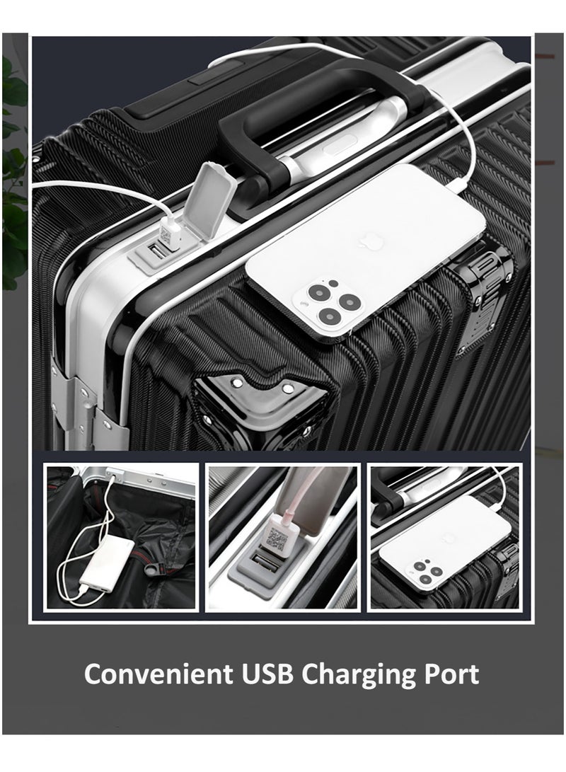 24" Suitcase Carry-on Travel Luggage, PC Material Aluminum Frame Hardside Luggage with USB Charging Port, Lightweight Durable Trolley Case  - Image 4