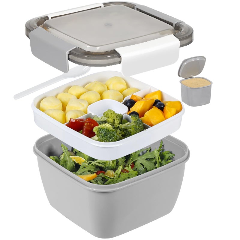 Greentainer 52 OZ to Go Salad Container Lunch Box BPAFree 3Compartment for Salad Toppings and Snacks Bowl with Dressing Container Builtin Reusable Spoon Microwave SafeGrey
