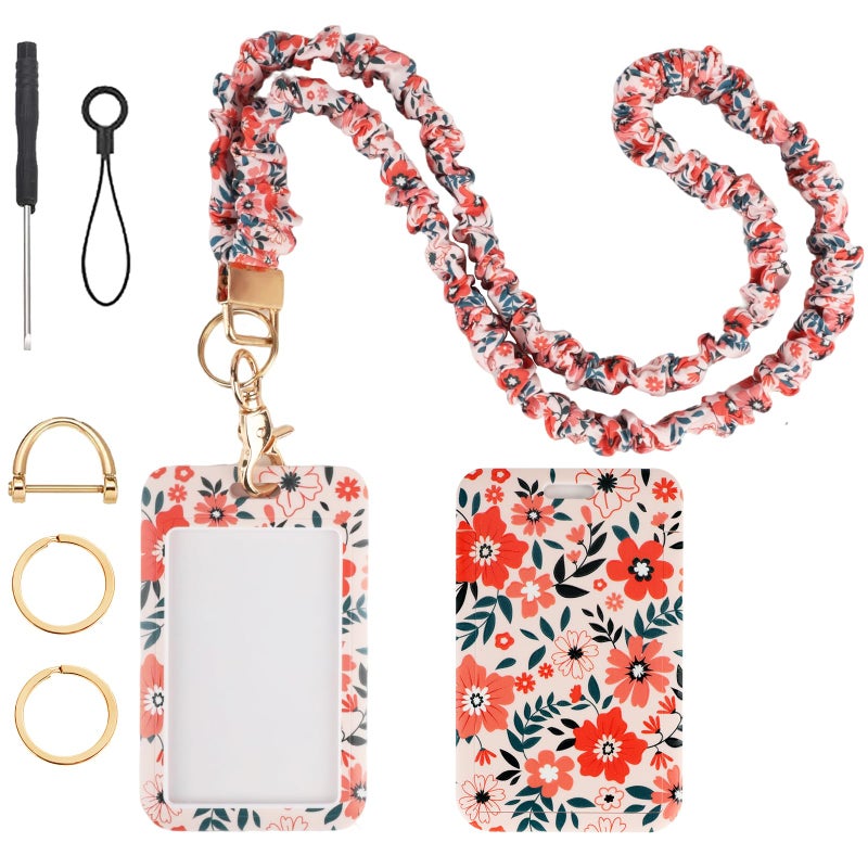 Nlicrst Scrunchie Lanyard Breakaway with ID Badge Holder - Floral Style Stretchy Lanyards with ID Badges and Key Rings Set, Ideal for Women Teachers Nurse Gifts, Work, School, Conference - Image 1