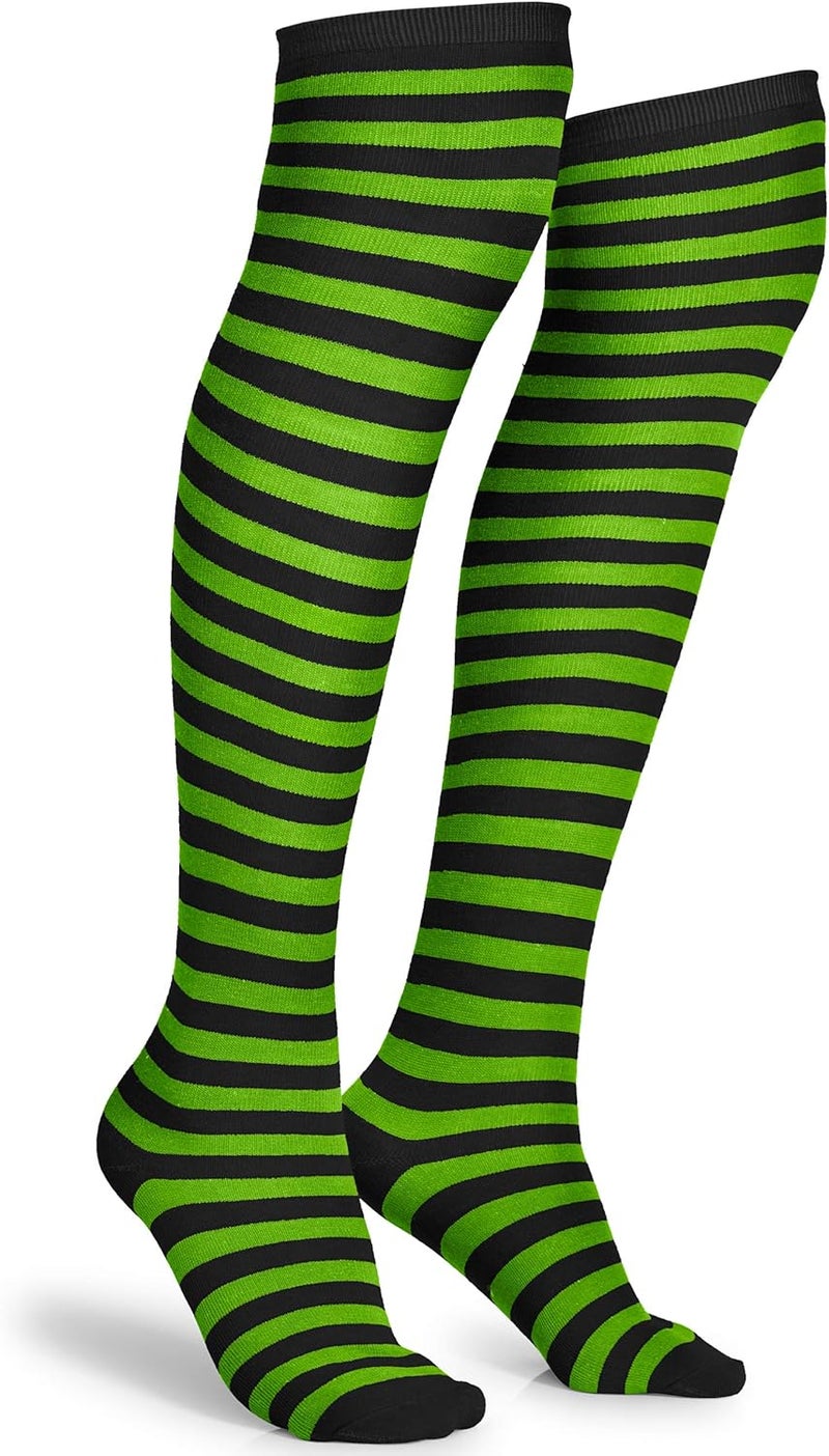Skeleteen Black and Green Socks - Over the Knee Striped Thigh High Costume Accessories Stockings for Men, Women and Kids - Image 1