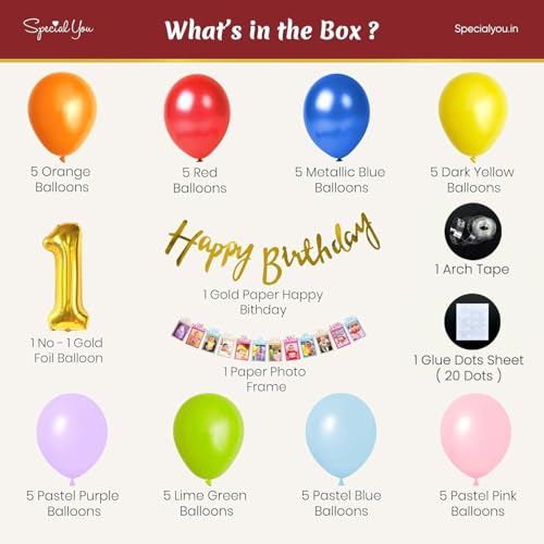 SpecialYou.in Special You rainbow theme 1st happy Birthday decoration with Photo frame banner for girls,boys,Balloons Garland Arch DIY Kit- 45Pcs , set items first bday , babies , Kids ,toddlers , monthly pictures - Image 2