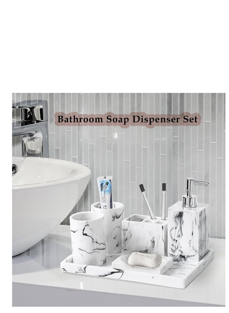 Bathroom Accessories Set, 6 Pcs Marble Look Sets Soap Dispenser  Toothbrush Holder Counter Top Restroom Apartment Decor Stuff, Resin Kits, Gift for Women and Men, Ink White - Image 3