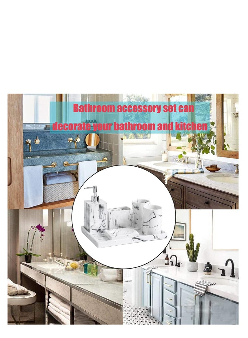 Bathroom Accessories Set, 6 Pcs Marble Look Sets Soap Dispenser  Toothbrush Holder Counter Top Restroom Apartment Decor Stuff, Resin Kits, Gift for Women and Men, Ink White - Image 5