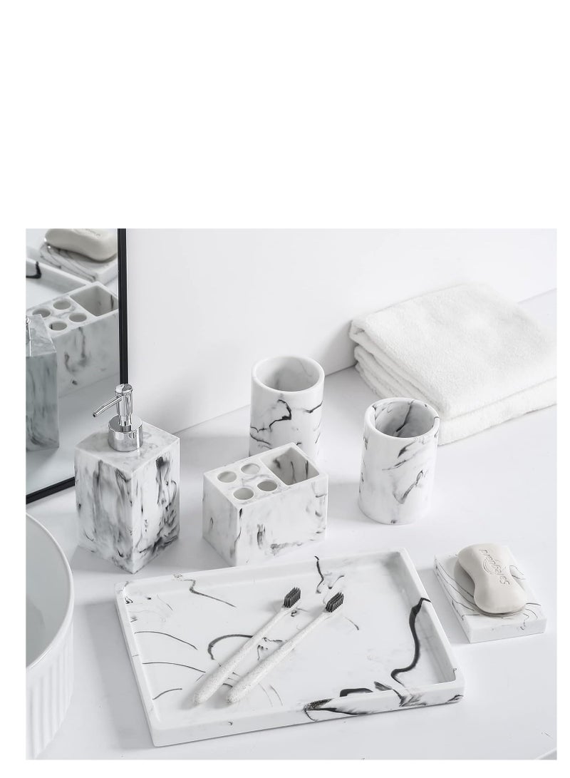 Bathroom Accessories Set, 6 Pcs Marble Look Sets Soap Dispenser  Toothbrush Holder Counter Top Restroom Apartment Decor Stuff, Resin Kits, Gift for Women and Men, Ink White - Image 2