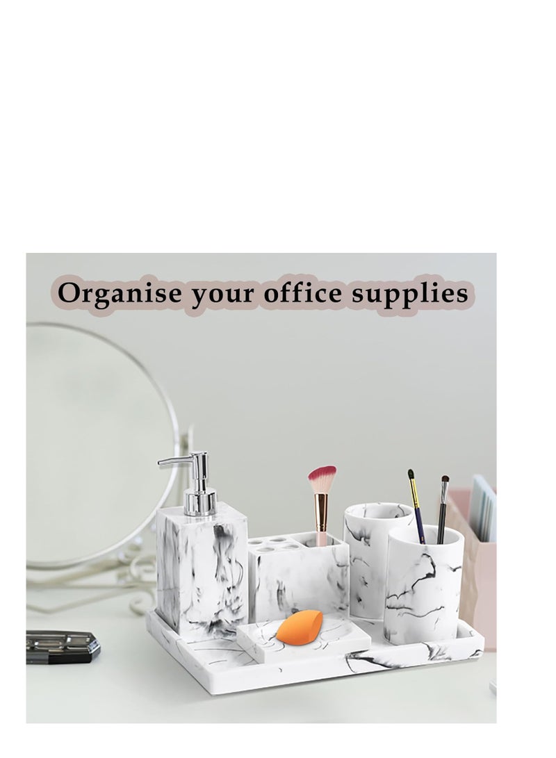 Bathroom Accessories Set, 6 Pcs Marble Look Sets Soap Dispenser  Toothbrush Holder Counter Top Restroom Apartment Decor Stuff, Resin Kits, Gift for Women and Men, Ink White - Image 4