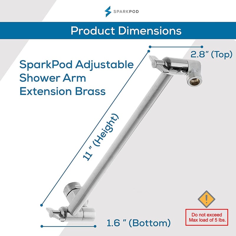 SparkPod 11" Solid Brass Shower Head Extension Arm - Flexible Height & Angle Adjustable Shower Arm Extension for Rain Showerheads with Sturdy Lock - Universal Pipe Connection (Luxury Polished Chrome) - Image 3