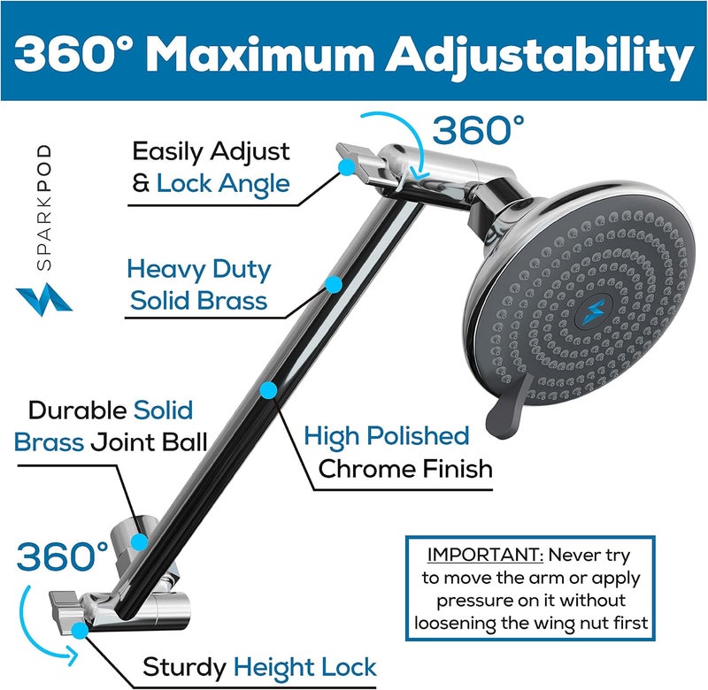 SparkPod 11" Solid Brass Shower Head Extension Arm - Flexible Height & Angle Adjustable Shower Arm Extension for Rain Showerheads with Sturdy Lock - Universal Pipe Connection (Luxury Polished Chrome) - Image 2