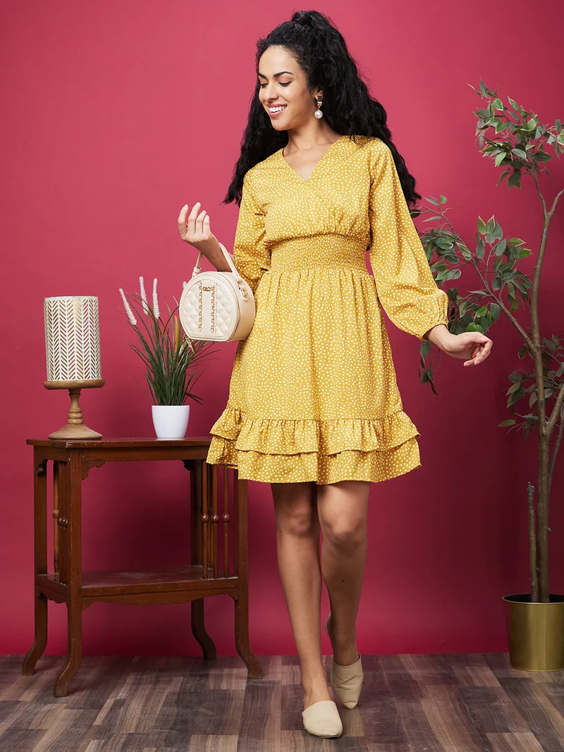 globus Women Yellow Polka Dots Printed Puff Sleeves Smocked Fit & Flare Dress
