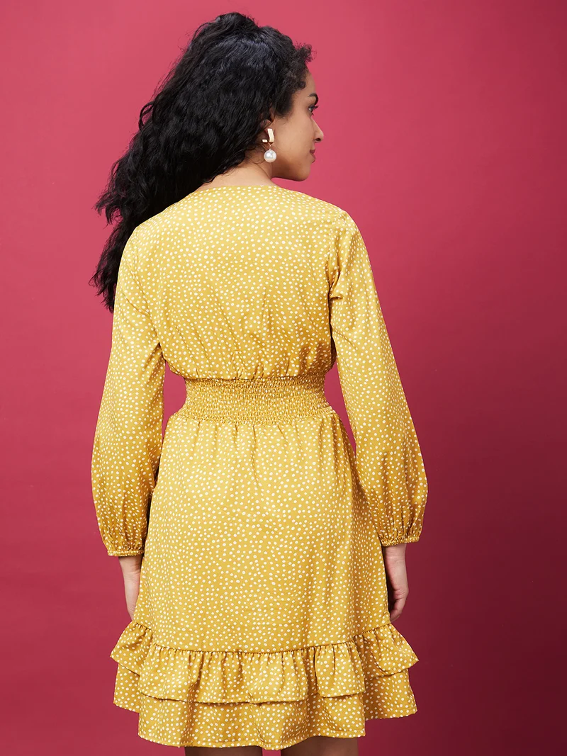 globus Women Yellow Polka Dots Printed Puff Sleeves Smocked Fit & Flare Dress