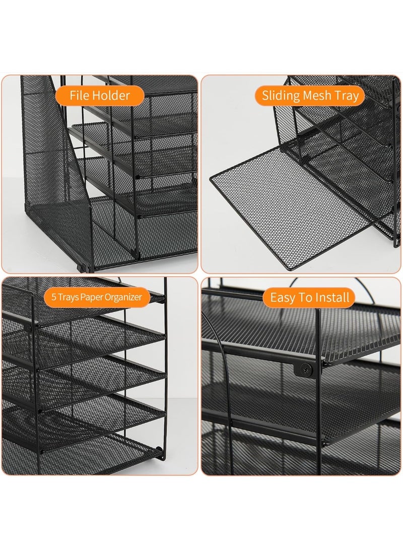 Desk Organizers and Accessories, 5-Tier Paper Letter Tray Organizer with File Holder, Desktop Organizer for Office Supplies, Office Desk Accessories & Workspace(Black) - Image 4