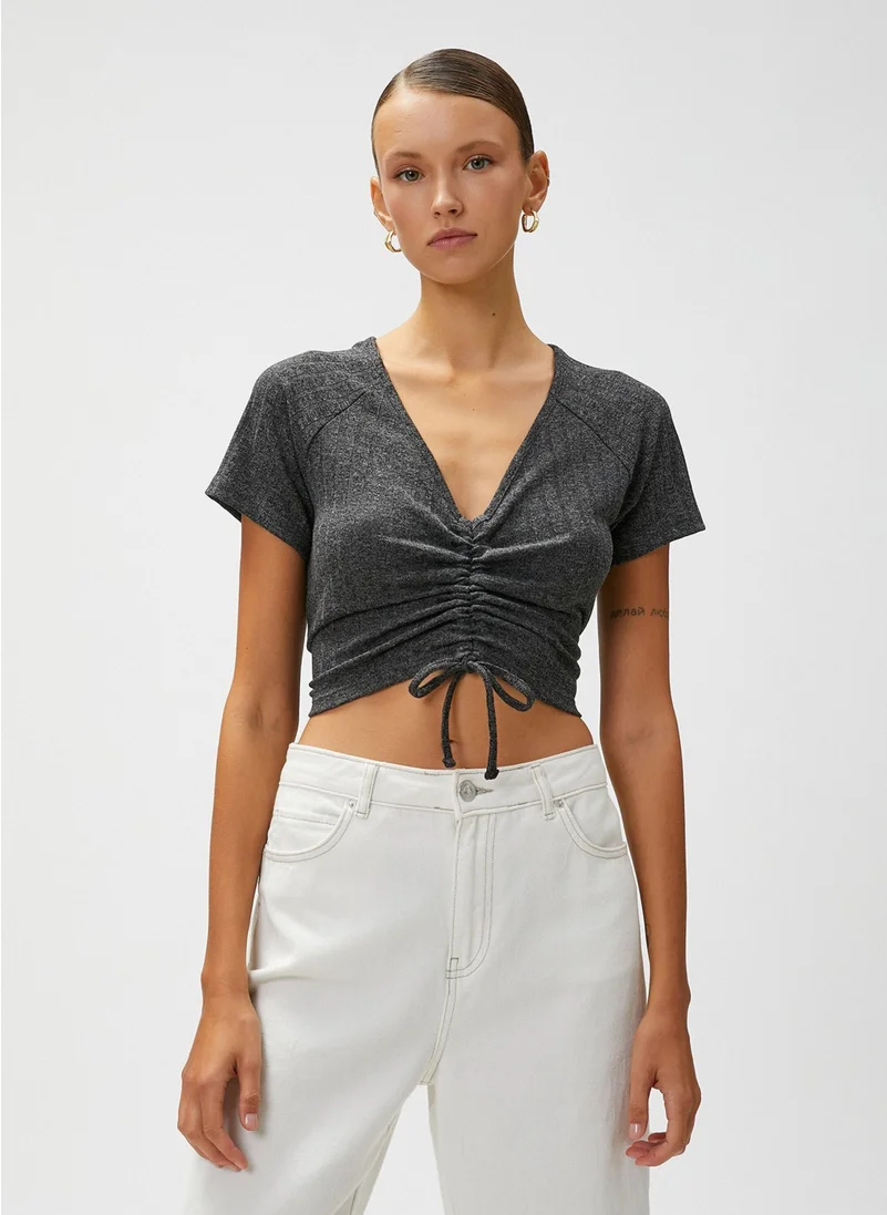 KOTON V-Neck Plain Black Women's T-Shirt 3SAK50074EK