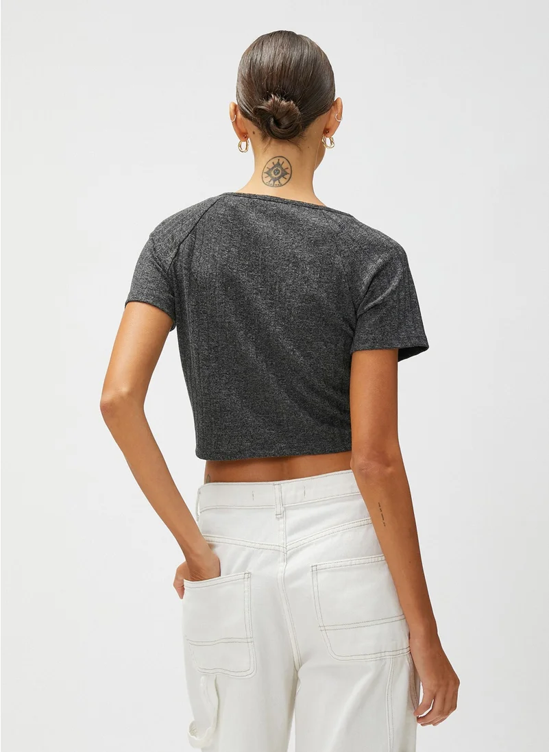KOTON V-Neck Plain Black Women's T-Shirt 3SAK50074EK