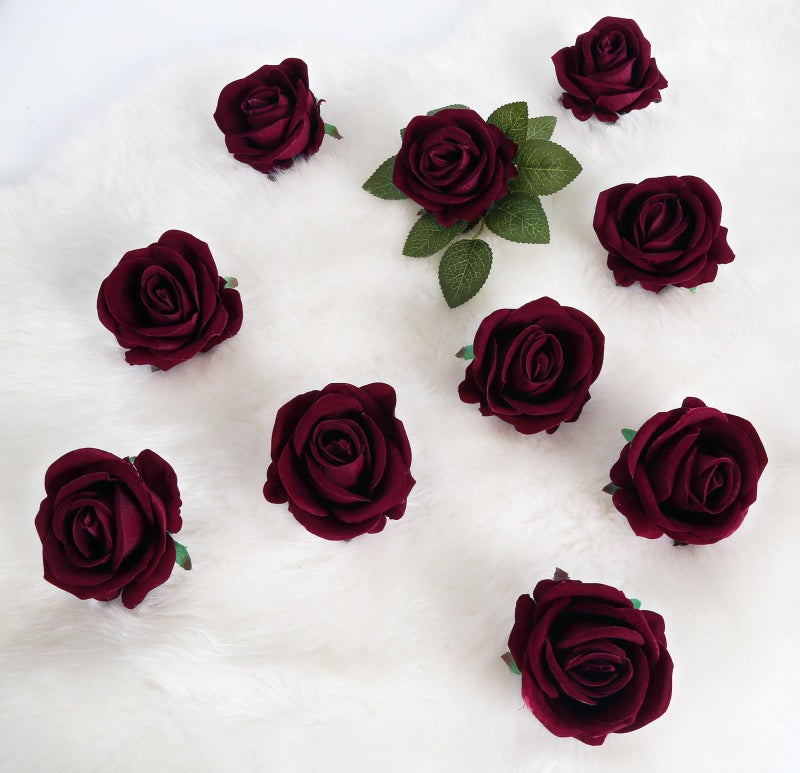 ICBOX Burgundy Artificial Flowers Velvet Roses 25 PCS Real Look Silk Flowers with Stems for DIY Wedding Party Baby Shower Home Decoration(Burgundy) - Image 3