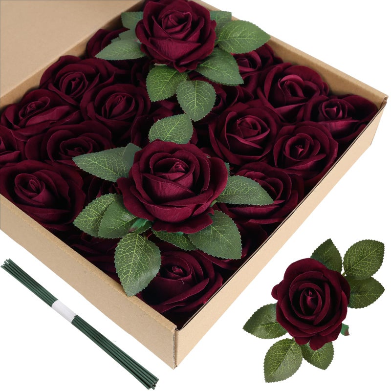 ICBOX Burgundy Artificial Flowers Velvet Roses 25 PCS Real Look Silk Flowers with Stems for DIY Wedding Party Baby Shower Home Decoration(Burgundy) - Image 1