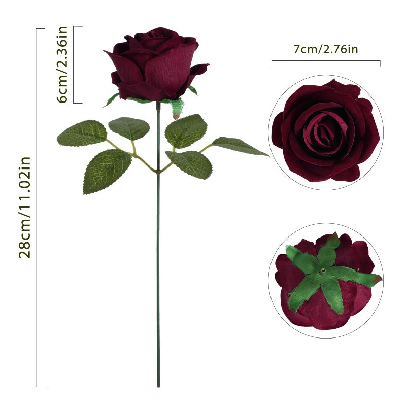 ICBOX Burgundy Artificial Flowers Velvet Roses 25 PCS Real Look Silk Flowers with Stems for DIY Wedding Party Baby Shower Home Decoration(Burgundy) - Image 2