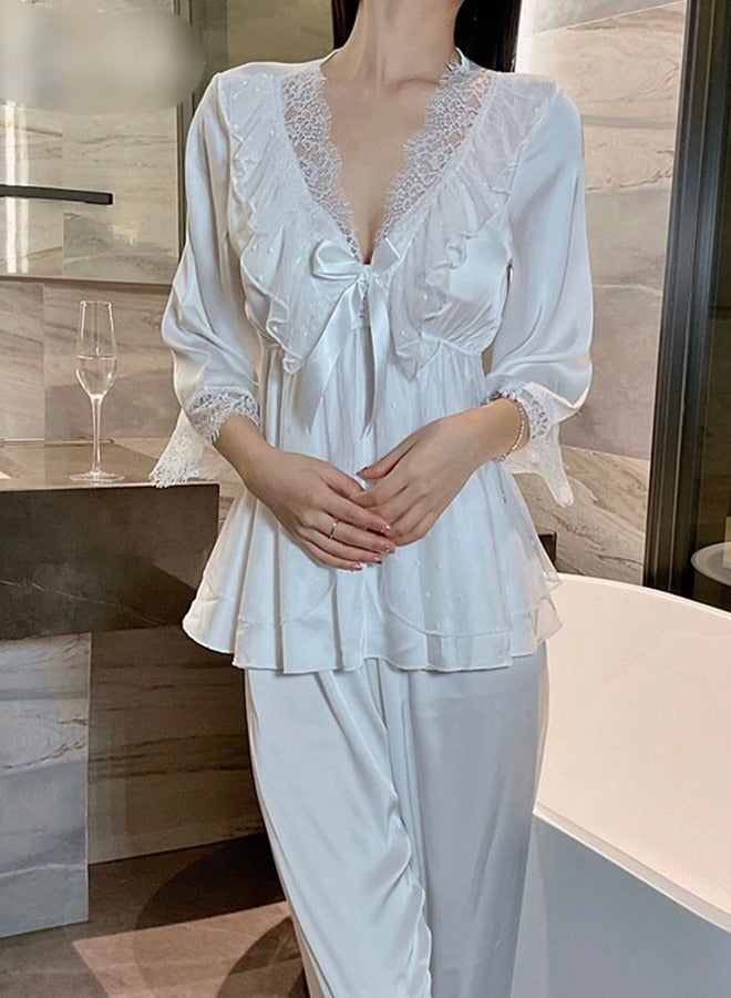 Elegant White Pajama Set: Satin And Lace For Ultimate Comfort - Image 2