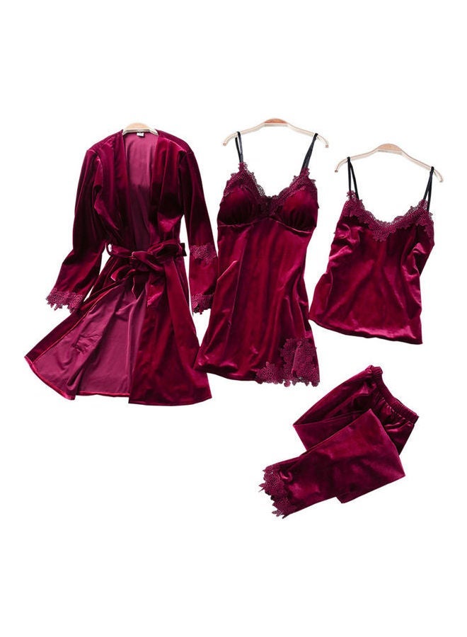 NIBEMINENT 4-Piece Solid Sleepwear Pyjama Set Wine Red  - Image 1
