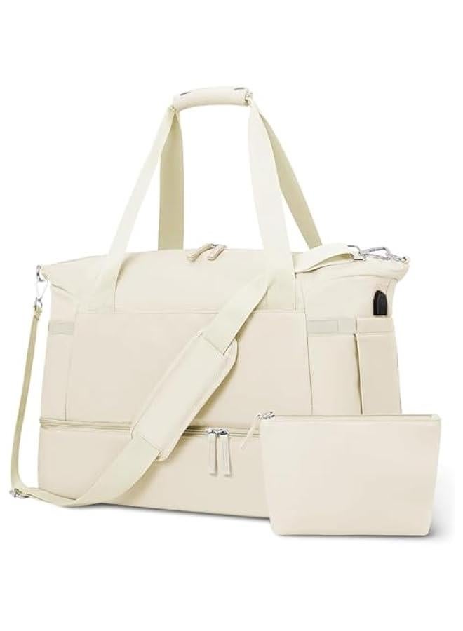HOOKOR Gym Bag for Women, Travel Duffel Bag with USB Charging Port, Weekender Overnight Bag with Wet Pocket and Shoes Compartment for Women, Travel, Gym, Yoga (Beige) - Image 1