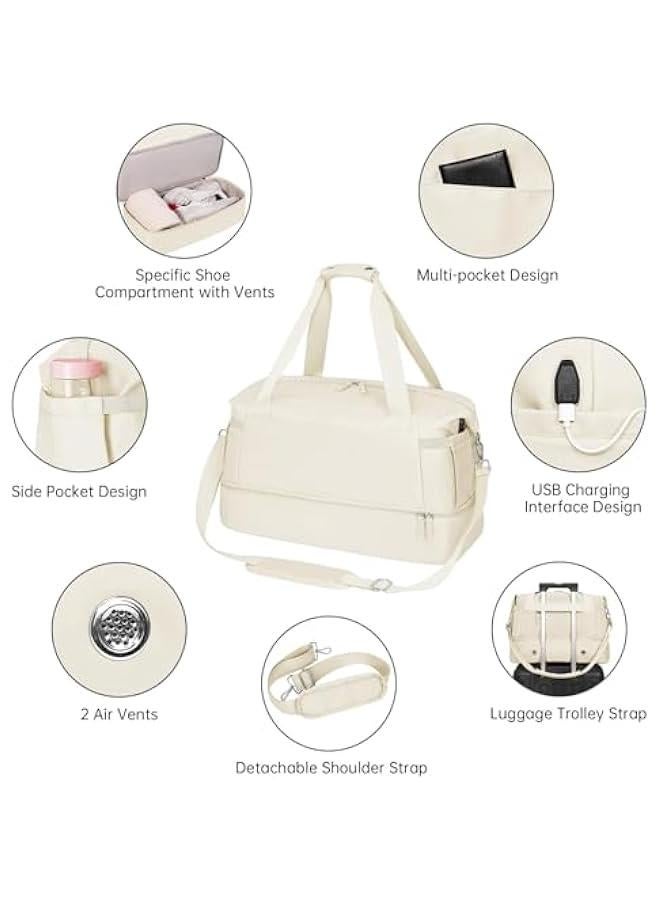 HOOKOR Gym Bag for Women, Travel Duffel Bag with USB Charging Port, Weekender Overnight Bag with Wet Pocket and Shoes Compartment for Women, Travel, Gym, Yoga (Beige) - Image 4