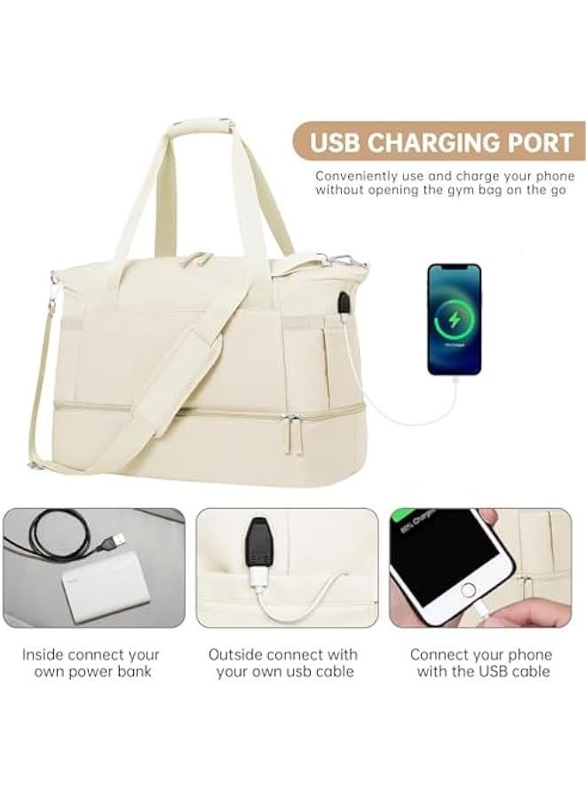 HOOKOR Gym Bag for Women, Travel Duffel Bag with USB Charging Port, Weekender Overnight Bag with Wet Pocket and Shoes Compartment for Women, Travel, Gym, Yoga (Beige) - Image 5