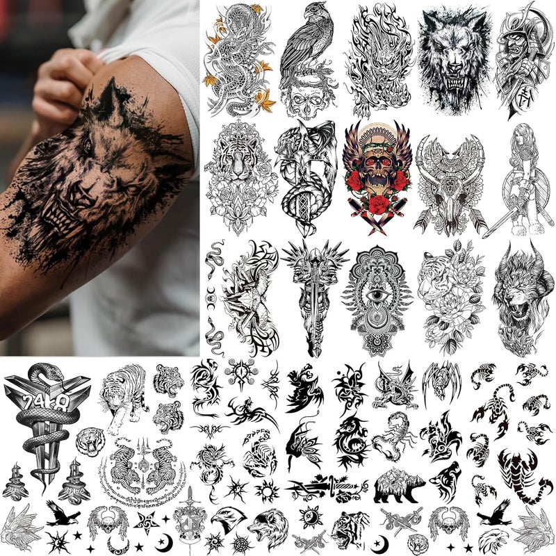 Aresvns Half Sleeve Temporary Tattoo for Men and Women,Waterproof Realistic Fake Tattoos for adults,Including Flowers,Dragon,Tiger, Scorpion Christmas Gift