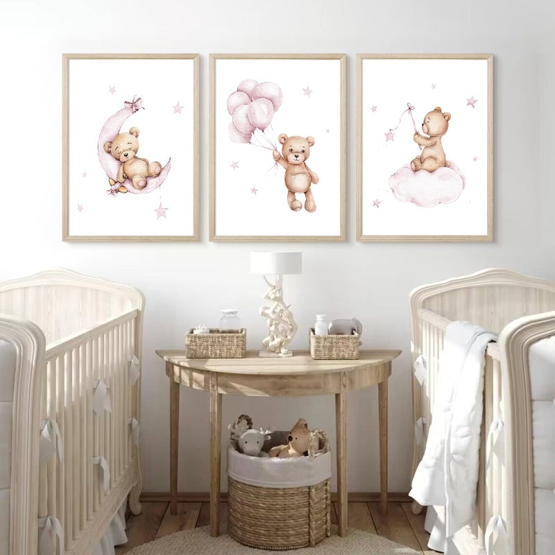 Baccone Bear Nursery Wall Art Decor Teddy Bear Wall Art Baby Girl Canvas Wall Decor Pink Pictures Balloon Nursery Children Prints Artwork Moon Star Cloud Art for Boys Room Bedroom 12x16x3 Inch Wood Framed - Image 4