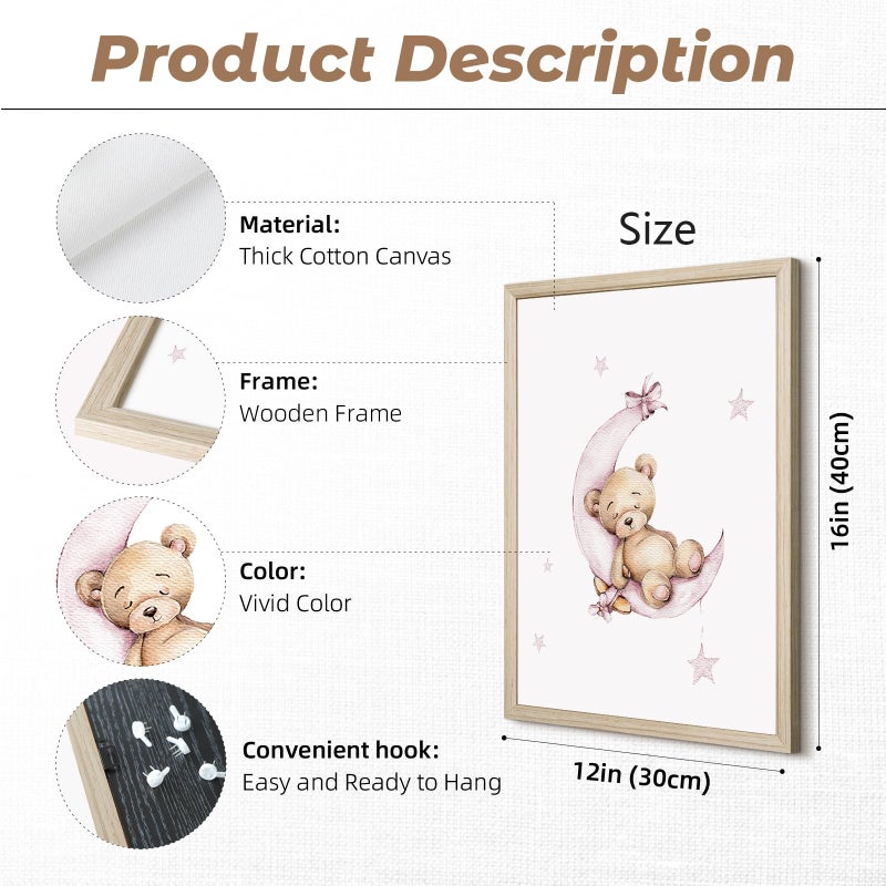 Baccone Bear Nursery Wall Art Decor Teddy Bear Wall Art Baby Girl Canvas Wall Decor Pink Pictures Balloon Nursery Children Prints Artwork Moon Star Cloud Art for Boys Room Bedroom 12x16x3 Inch Wood Framed - Image 2