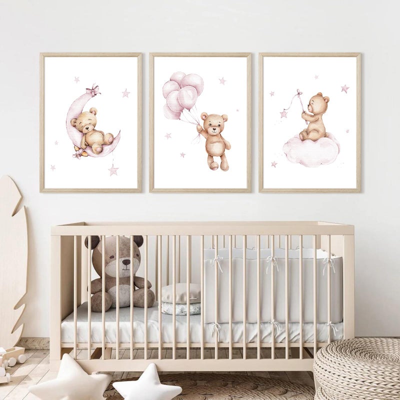 Baccone Bear Nursery Wall Art Decor Teddy Bear Wall Art Baby Girl Canvas Wall Decor Pink Pictures Balloon Nursery Children Prints Artwork Moon Star Cloud Art for Boys Room Bedroom 12x16x3 Inch Wood Framed - Image 3