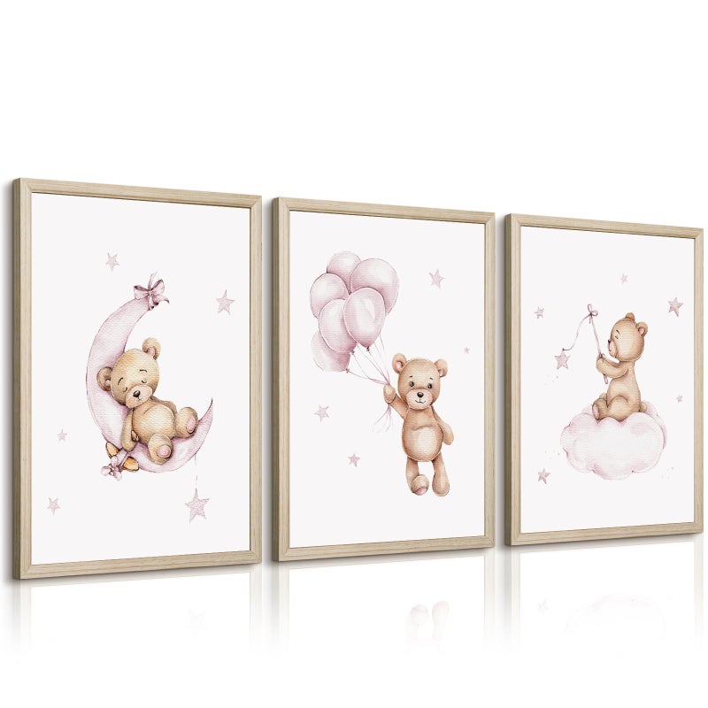 Baccone Bear Nursery Wall Art Decor Teddy Bear Wall Art Baby Girl Canvas Wall Decor Pink Pictures Balloon Nursery Children Prints Artwork Moon Star Cloud Art for Boys Room Bedroom 12x16x3 Inch Wood Framed - Image 1