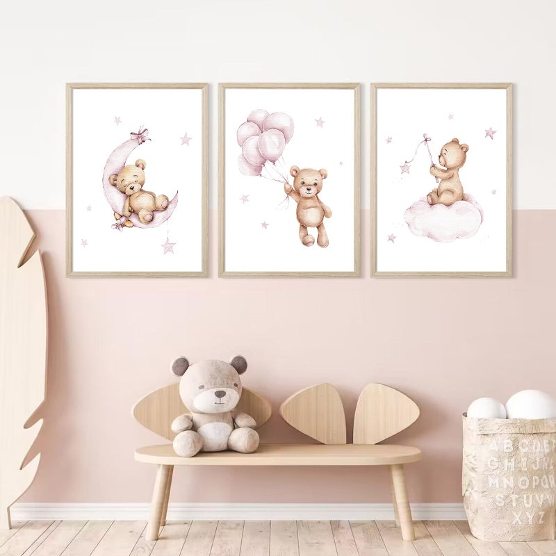 Baccone Bear Nursery Wall Art Decor Teddy Bear Wall Art Baby Girl Canvas Wall Decor Pink Pictures Balloon Nursery Children Prints Artwork Moon Star Cloud Art for Boys Room Bedroom 12x16x3 Inch Wood Framed - Image 5
