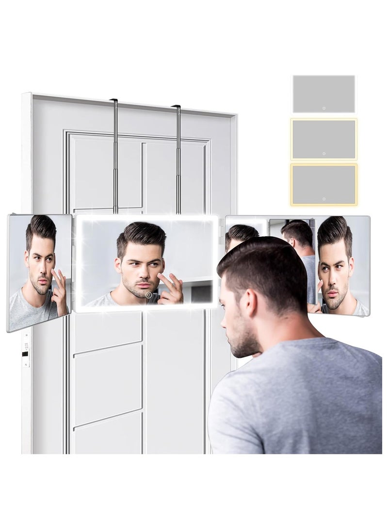 Arabest مرآة ثلاثية الأبعاد مع 3 ألوان من الضوء، مرآة قابلة للشحن لقص الشعر، مرايا ثلاثية الطيات، مرآة حلاق قابلة للتعديل مع خطافات قابلة للتمديد لقص الشعر الذاتي، مرآة 360 للرجال للحلاقة والنساء لصبغ الشعر (أبيض) - Image 1