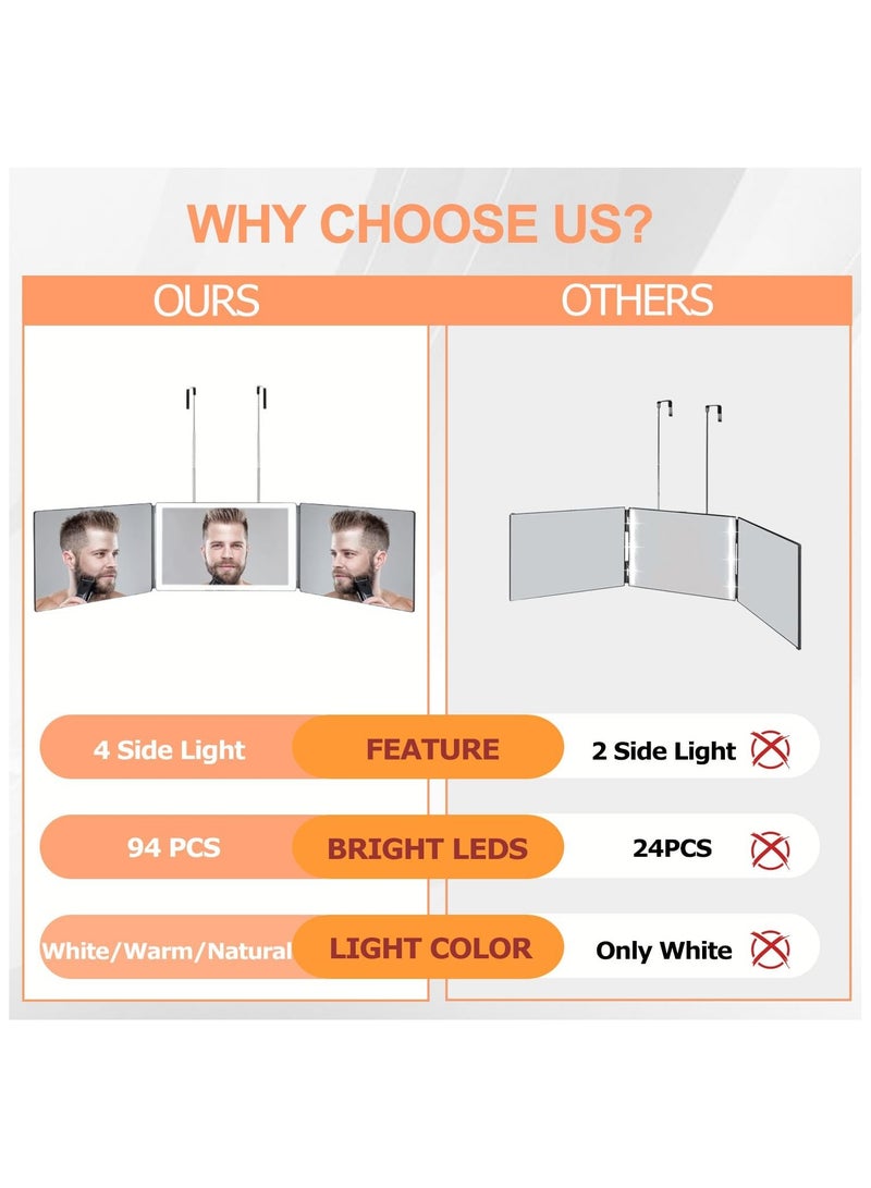 Arabest مرآة ثلاثية الأبعاد مع 3 ألوان من الضوء، مرآة قابلة للشحن لقص الشعر، مرايا ثلاثية الطيات، مرآة حلاق قابلة للتعديل مع خطافات قابلة للتمديد لقص الشعر الذاتي، مرآة 360 للرجال للحلاقة والنساء لصبغ الشعر (أبيض) - Image 4