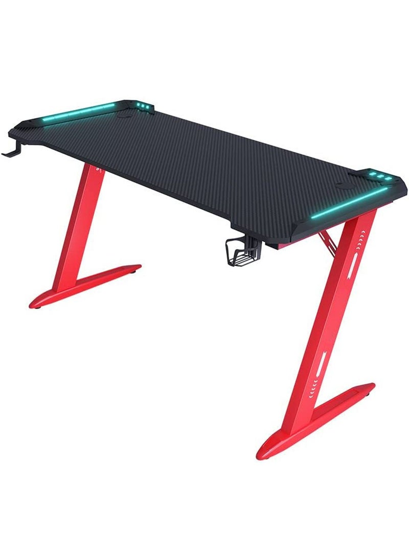 Ergonomic Gaming Desk with RGB LED Lights Computer Gamer Table with Carbon Fiber Desktop and Cup Holder & Headphone Hook