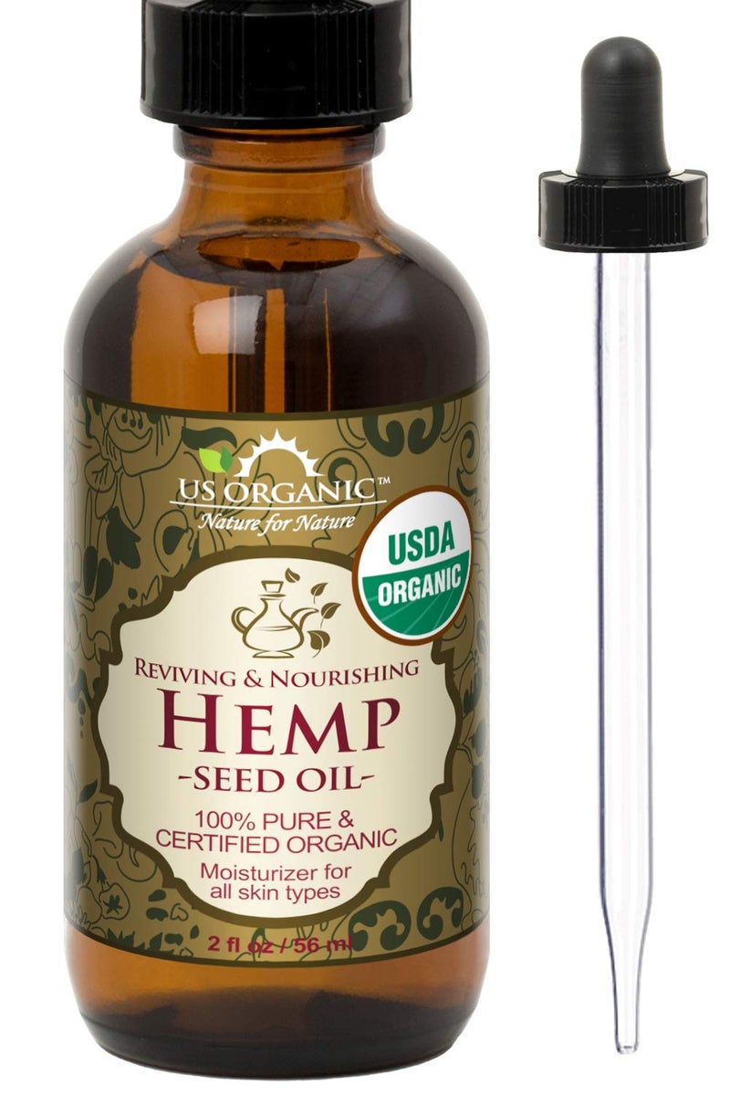 US Organic Hemp Seed Oil Certified Organic Pure  Natural Cold Pressed Virgin Unrefined Amber Glass Bottle with Glass Eye Dropper for Easy Application 2 oz 56 ml