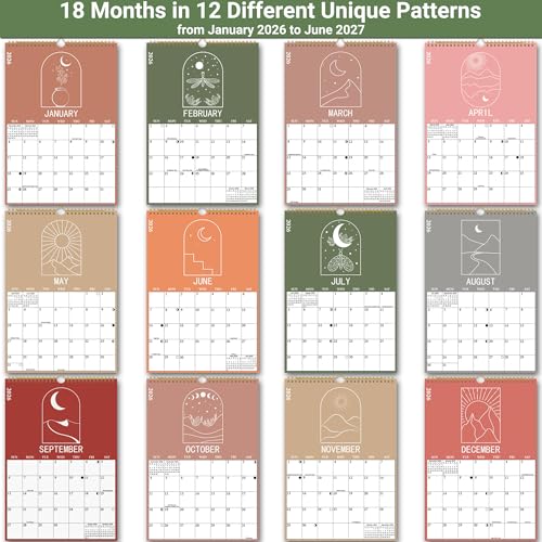 PIOOJK 2026 Wall Calendar, 18 Months Moon Calendar from January 2026 - June 2027, Aesthetic Lunar Boho Large Calendar for Home Office Kitchen, Thick Paper for Monthly Organization, Moon Phases, 10"×14.5" - Image 3