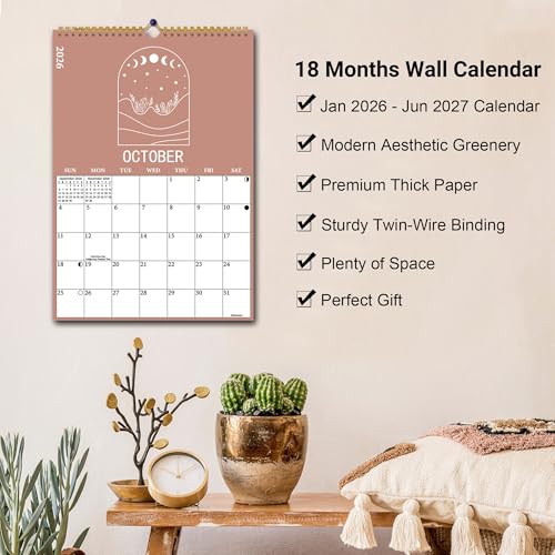 PIOOJK 2026 Wall Calendar, 18 Months Moon Calendar from January 2026 - June 2027, Aesthetic Lunar Boho Large Calendar for Home Office Kitchen, Thick Paper for Monthly Organization, Moon Phases, 10"×14.5" - Image 4