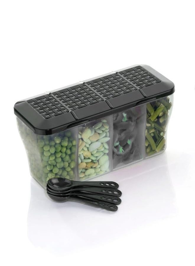 SORATH Plastic 4 In 1 Multipurpose 4 Section Kitchen,Fridge Storage Airtight Container Set For Vegetables,Dryfruits,Spices,Groceries,And Pickles With 4 Spoons Storage Set 1800 Ml- (Black,Pack Of 4) - Image 2