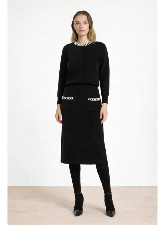 Mısırlı 1951 Black Pocket Stone-Embellished Midi Skirt
