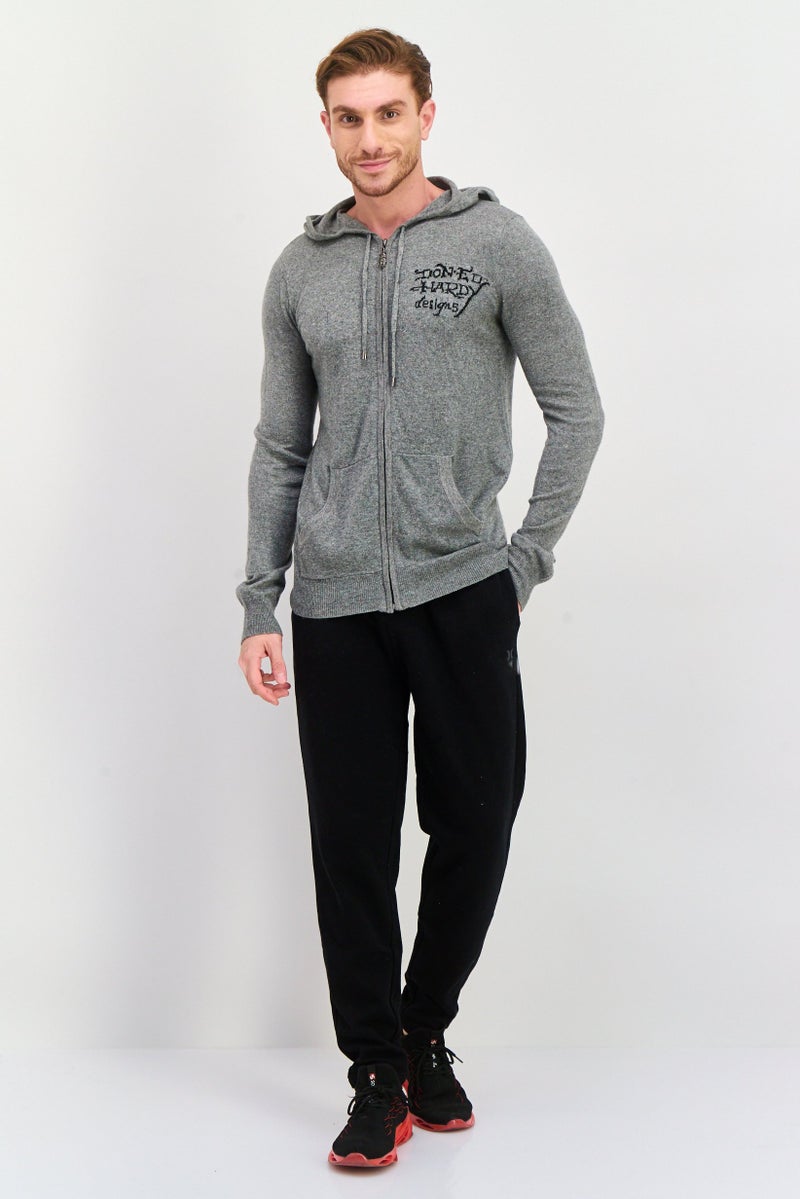 Ed Hardy Men Hooded Knitted Long Sleeves Sweatshirt, Grey Combo - Image 4