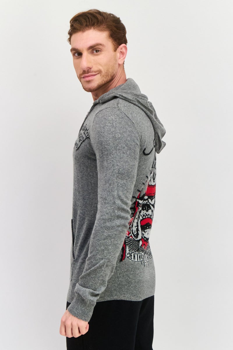 Ed Hardy Men Hooded Knitted Long Sleeves Sweatshirt, Grey Combo - Image 2