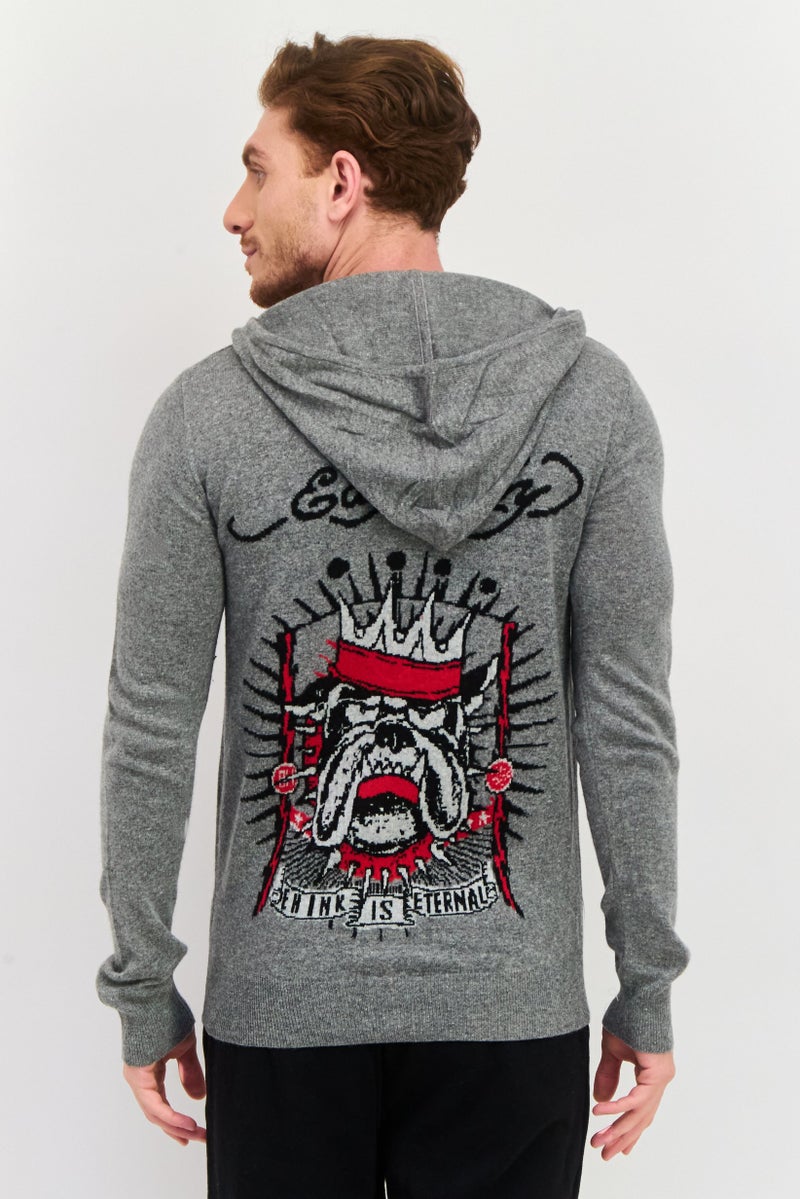 Ed Hardy Men Hooded Knitted Long Sleeves Sweatshirt, Grey Combo - Image 3