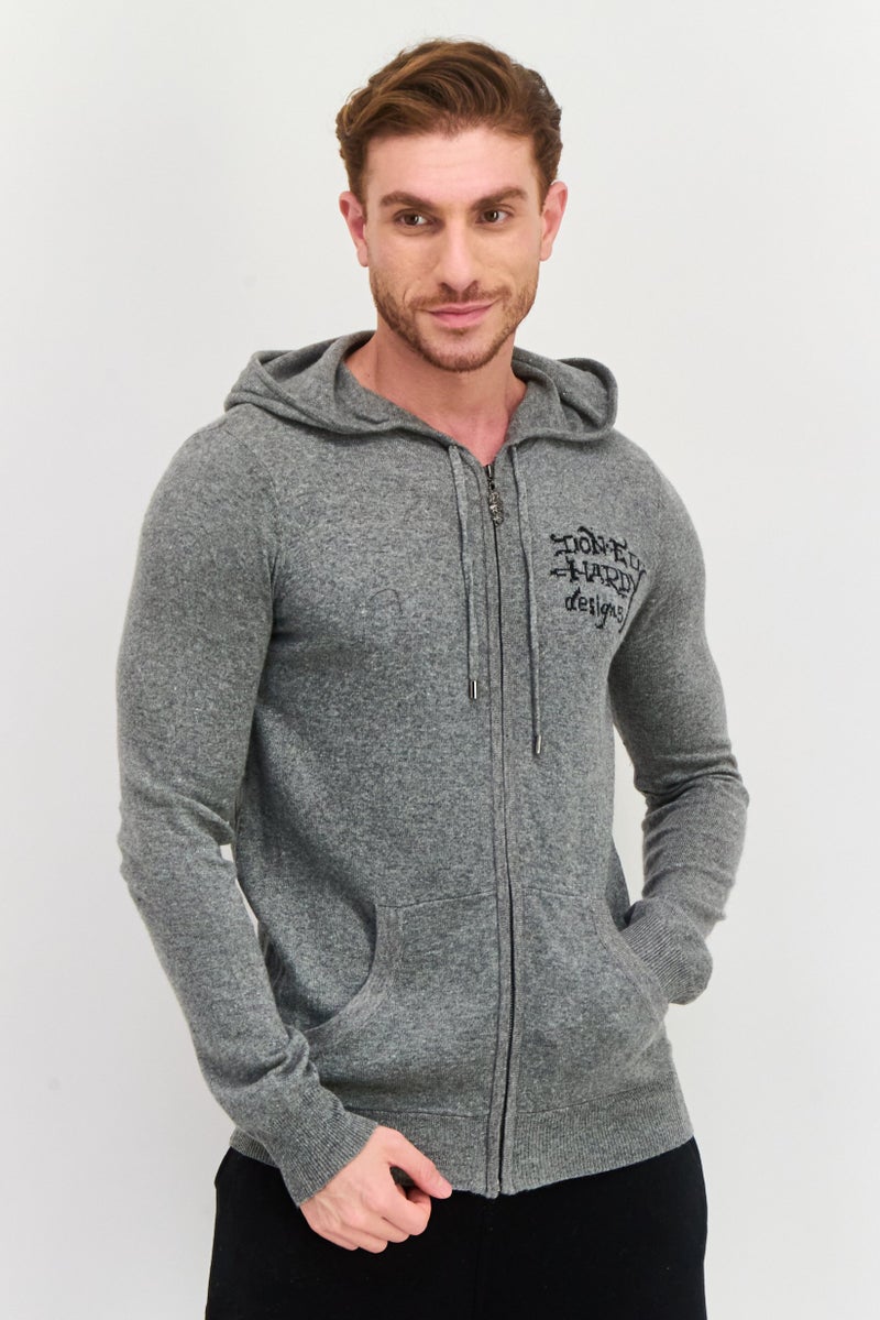 Ed Hardy Men Hooded Knitted Long Sleeves Sweatshirt, Grey Combo - Image 1